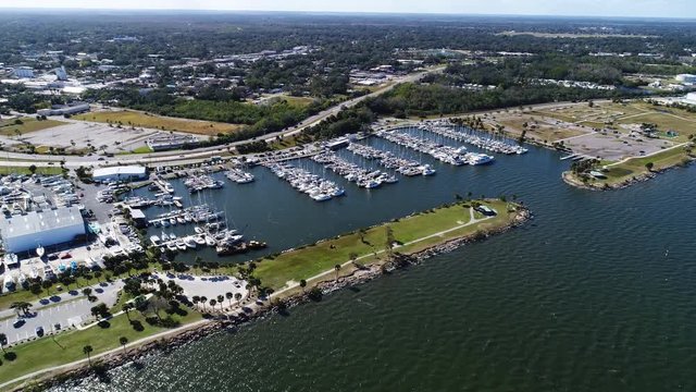 Aerial, boats docked on Titusville coast
