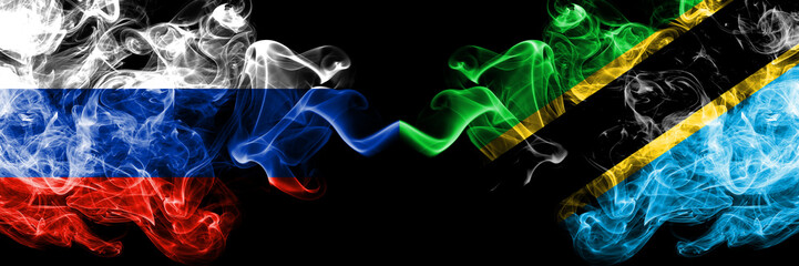 Russian vs Tanzania, Tanzanian smoke flags placed side by side. Thick colored silky smoke flags of Russia and Tanzania, Tanzanian