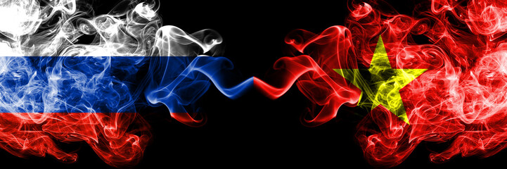 Russian vs Vietnam, Vietnamese smoke flags placed side by side. Thick colored silky smoke flags of Russia and Vietnam, Vietnamese