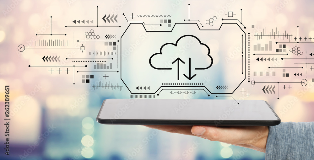 Poster cloud computing with man holding a tablet computer