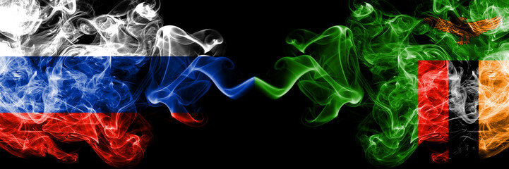 Russian vs Zambia, Zambian smoke flags placed side by side. Thick colored silky smoke flags of Russia and Zambia, Zambian