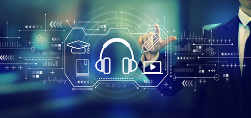 E-learning concept with a businessman in an office