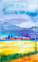 Watercolor illustration of a beautiful sunset in a Russian village. Bright yellow-orange field and a post with wires in front of the village and a forest in the background