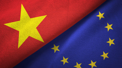 Vietnam and European Union two flags textile cloth, fabric texture