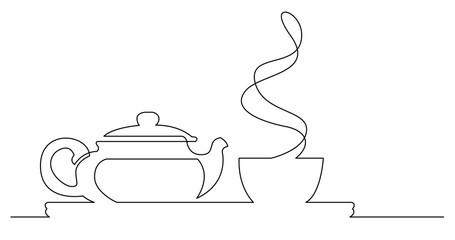 continuous line drawing of asian style tea pot and cup of hot drink