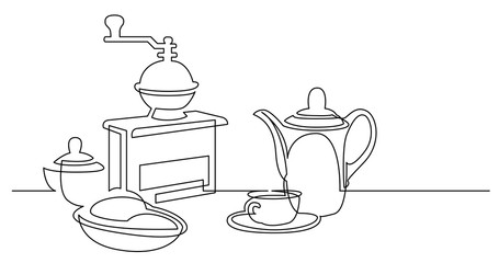 continuous line drawing of coffee grinder jar breakfast and cup of coffee