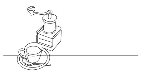continuous line drawing of manual coffee grinder and cup of coffee