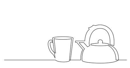 contiuous line drawing of mug of tea and kettle