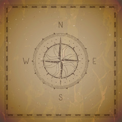 Vector illustration with a vintage compass or wind rose and frame on grunge background.
