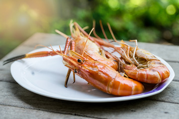 Closeup grilled shrimps on the white plate delicious seafood on the wood table or background