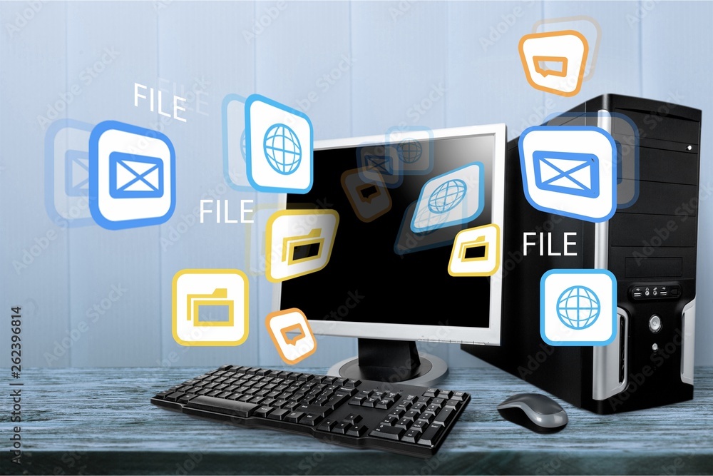 Poster desktop computer and keyboard and mouse