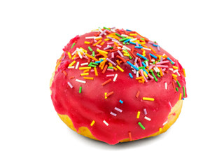 Fresh donut in icing and jam isolated on white background.