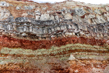  texture of different layers of clay underground in  clay quarry after geological study of soil.