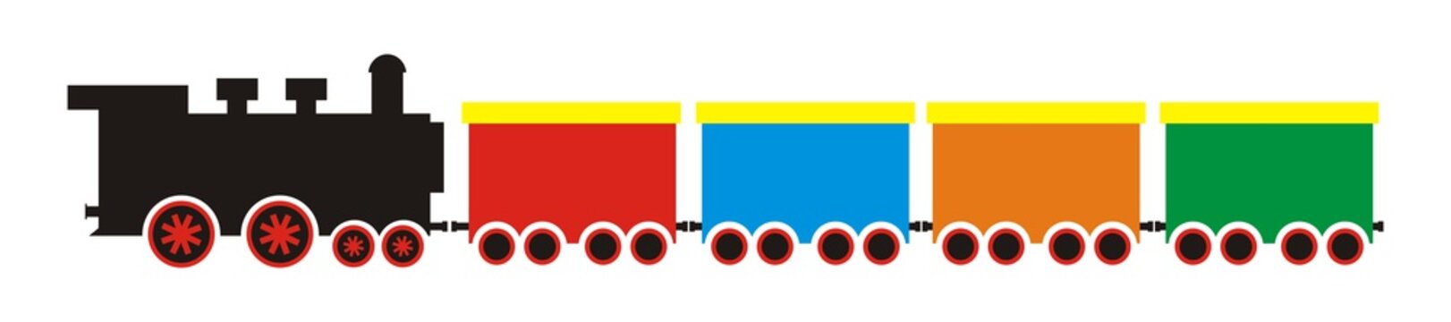 Train set, steam locomotive and wagons. Vector illustration.
