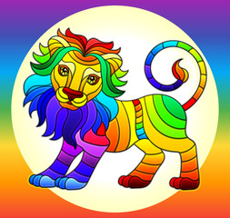 Illustration in stained glass style with bright rainbow cute lion cub on a rainbow background