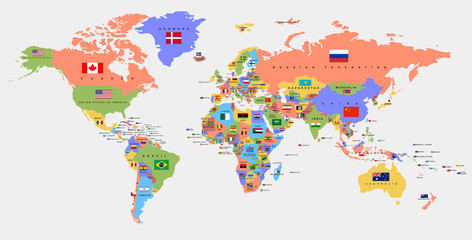 Farbige Weltkarte mit den Namen der Länder und Nationalflaggen. Politische Karte. Jedes Land ist isoliert.