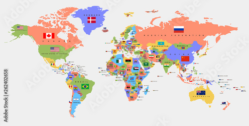 Color World Map With The Names Of Countries And National Flags Political Map Every Country Is Isolated Wall Mural D1min