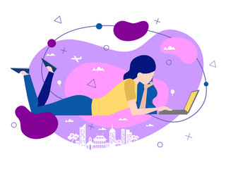 Casual young woman lies and typing on a laptop. Flat illustration concept.