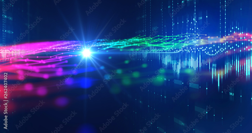 Poster colorful dots and lines connection on abstract technology background.