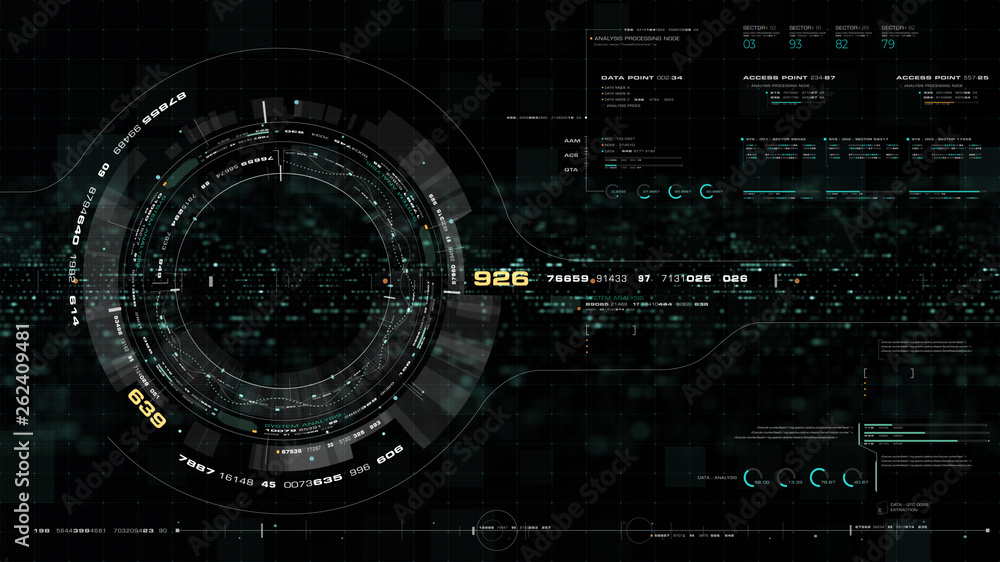 Aufkleber Futuristic motion graphic user interface head up display screen with Holographic Earth and digital data telemetry information display for digital background computer desktop display screen