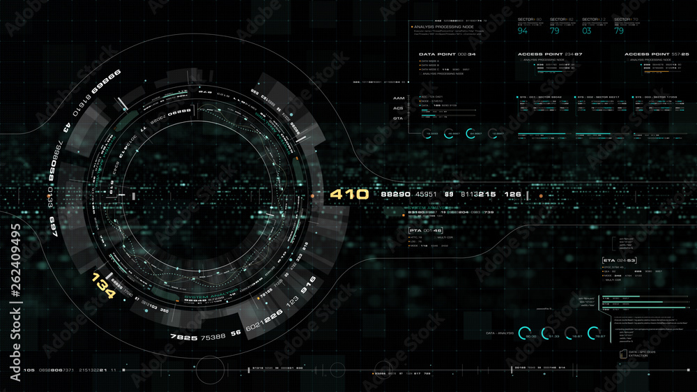 Aufkleber Futuristic motion graphic user interface head up display screen with Holographic Earth and digital data telemetry information display for digital background computer desktop display screen