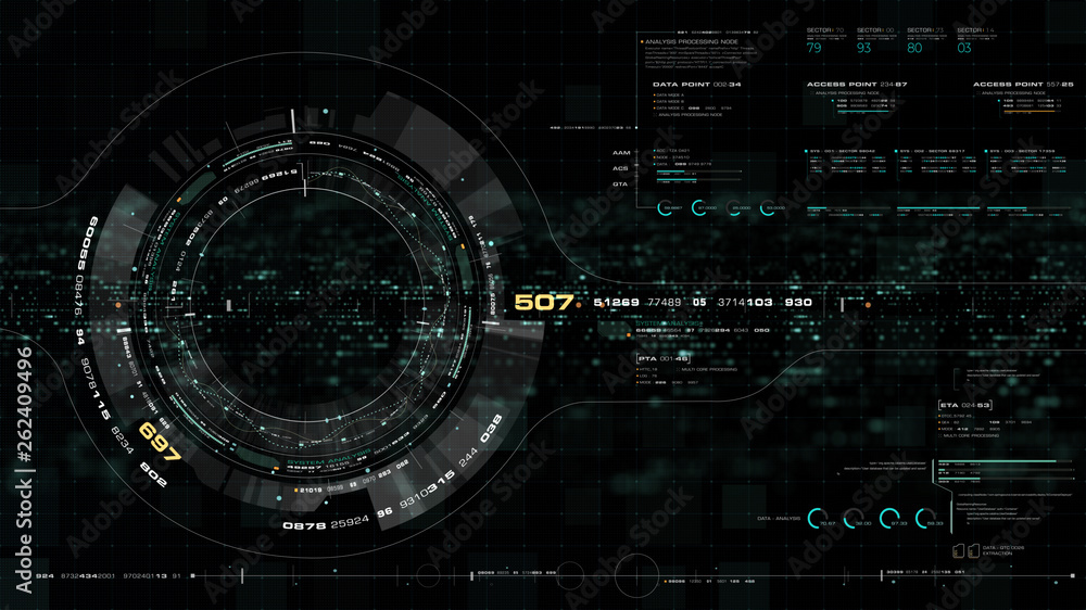 Aufkleber Futuristic motion graphic user interface head up display screen with Holographic Earth and digital data telemetry information display for digital background computer desktop display screen