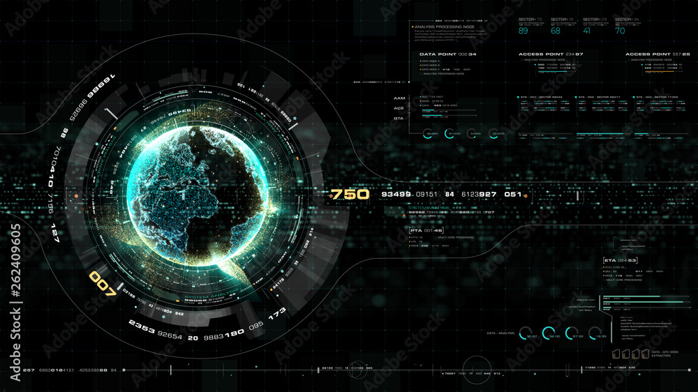 Aufkleber Futuristic motion graphic user interface head up display screen with Holographic Earth and digital data telemetry information display for digital background computer desktop display screen