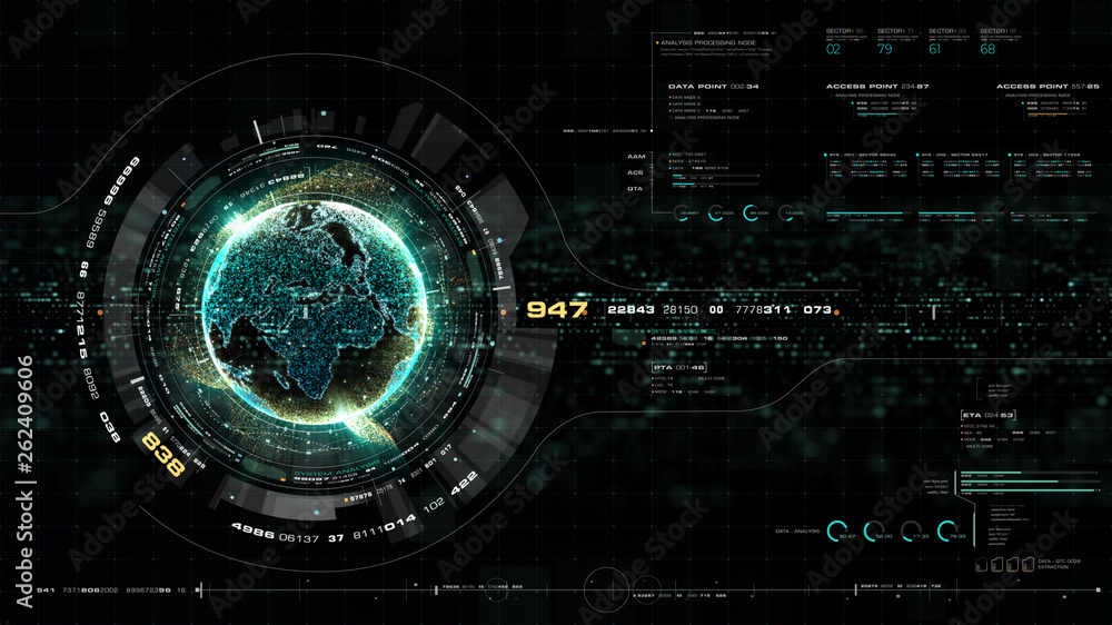 Fototapete Futuristic motion graphic user interface head up display screen with Holographic Earth and digital data telemetry information display for digital background computer desktop display screen