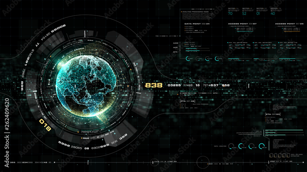 Poster Futuristic motion graphic user interface head up display screen with Holographic Earth and digital data telemetry information display for digital background computer desktop display screen