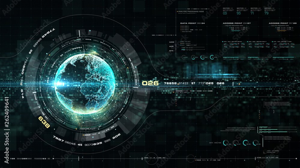 Fototapete Futuristic motion graphic user interface head up display screen with Holographic Earth and digital data telemetry information display for digital background computer desktop display screen