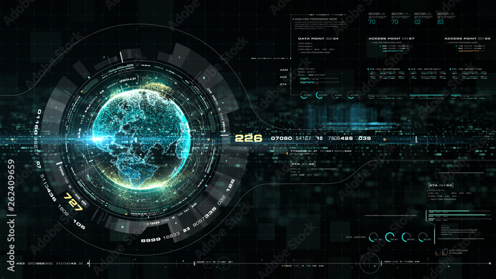 Leinwandbilder Futuristic motion graphic user interface head up display screen with Holographic Earth and digital data telemetry information display for digital background computer desktop display screen