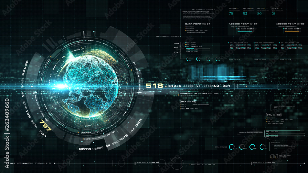 Poster Futuristic motion graphic user interface head up display screen with Holographic Earth and digital data telemetry information display for digital background computer desktop display screen