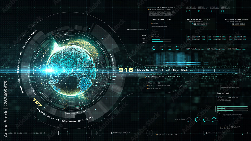 Poster Futuristic motion graphic user interface head up display screen with Holographic Earth and digital data telemetry information display for digital background computer desktop display screen