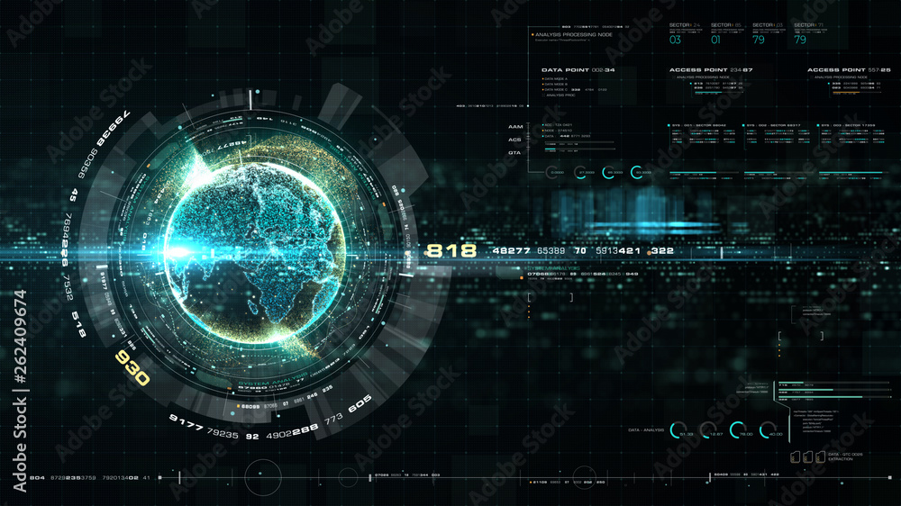 Aufkleber Futuristic motion graphic user interface head up display screen with Holographic Earth and digital data telemetry information display for digital background computer desktop display screen