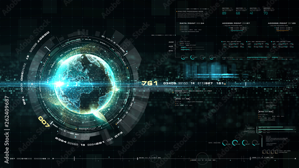 Leinwandbilder Futuristic motion graphic user interface head up display screen with Holographic Earth and digital data telemetry information display for digital background computer desktop display screen