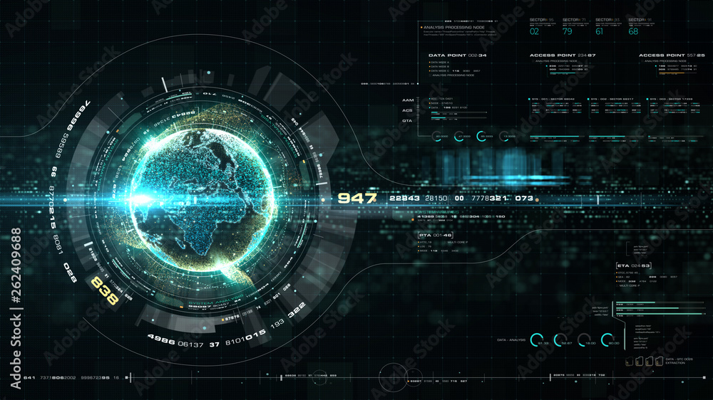 Poster Futuristic motion graphic user interface head up display screen with Holographic Earth and digital data telemetry information display for digital background computer desktop display screen
