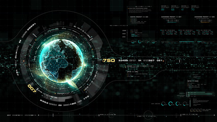 Futuristic motion graphic user interface head up display screen with Holographic Earth and digital data telemetry information display for digital background computer desktop display screen