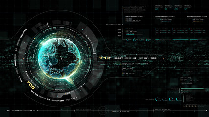 Futuristic motion graphic user interface head up display screen with Holographic Earth and digital data telemetry information display for digital background computer desktop display screen