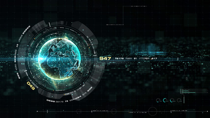 Futuristic motion graphic user interface head up display screen with Holographic Earth and digital data telemetry information display for digital background computer desktop display screen