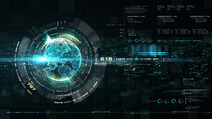 Futuristic motion graphic user interface head up display screen with Holographic Earth and digital data telemetry information display for digital background computer desktop display screen