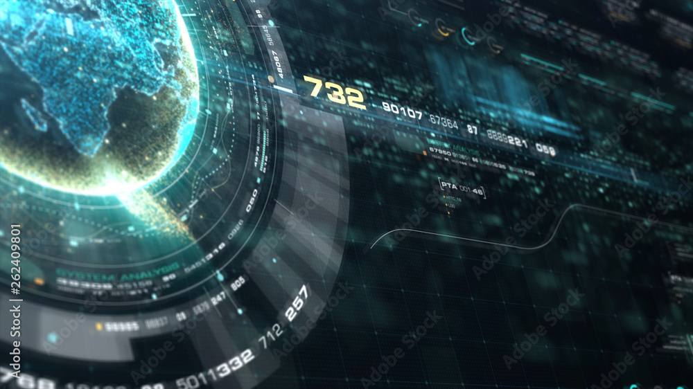 Aufkleber Futuristic motion graphic user interface head up display screen with Holographic Earth and digital data telemetry information display for digital background computer desktop display screen