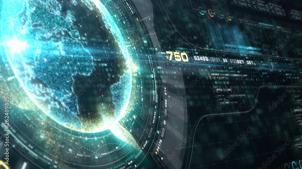 Aufkleber Futuristic motion graphic user interface head up display screen with Holographic Earth and digital data telemetry information display for digital background computer desktop display screen
