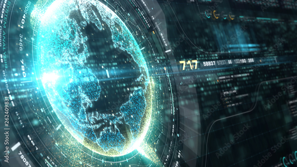 Poster Futuristic motion graphic user interface head up display screen with Holographic Earth and digital data telemetry information display for digital background computer desktop display screen