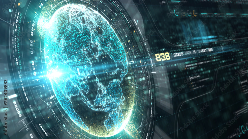 Poster Futuristic motion graphic user interface head up display screen with Holographic Earth and digital data telemetry information display for digital background computer desktop display screen