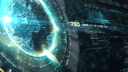 Futuristic motion graphic user interface head up display screen with Holographic Earth and digital data telemetry information display for digital background computer desktop display screen