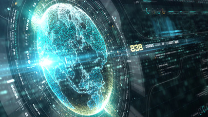 Futuristic motion graphic user interface head up display screen with Holographic Earth and digital data telemetry information display for digital background computer desktop display screen