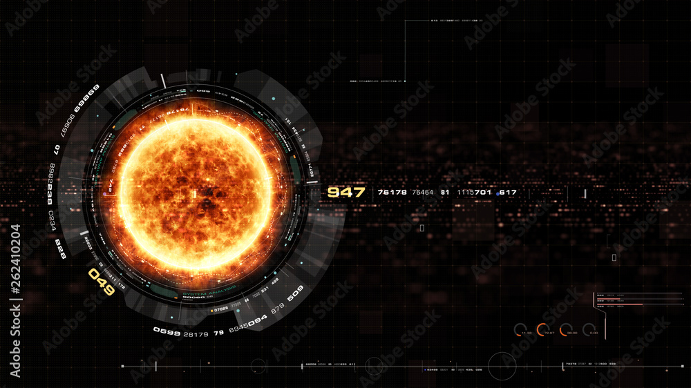 Leinwandbilder Futuristic motion graphic user interface head up display screen with Holographic Sun Corona Particles and digital data telemetry information display for digital background