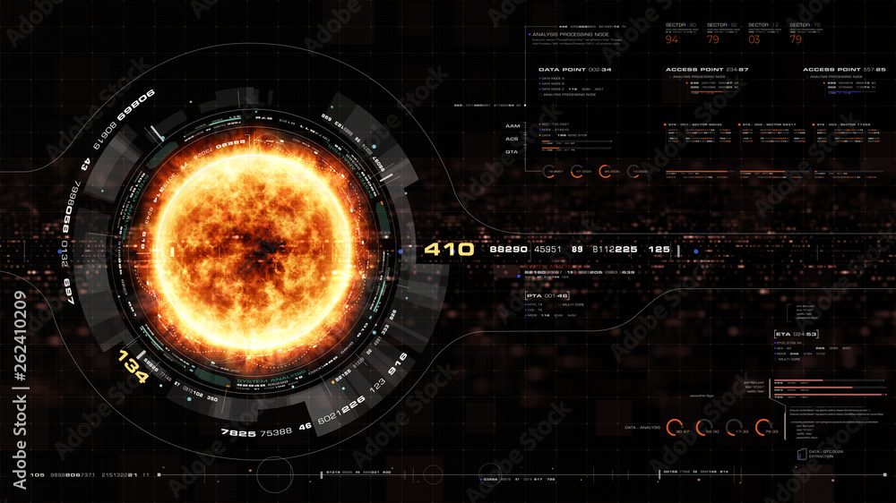 Poster Futuristic motion graphic user interface head up display screen with Holographic Sun Corona Particles and digital data telemetry information display for digital background