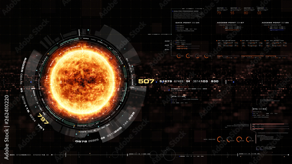 Fototapete Futuristic motion graphic user interface head up display screen with Holographic Sun Corona Particles and digital data telemetry information display for digital background