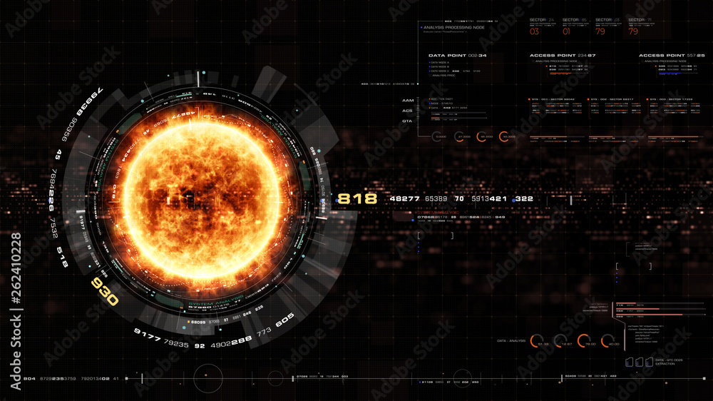 Aufkleber Futuristic motion graphic user interface head up display screen with Holographic Sun Corona Particles and digital data telemetry information display for digital background